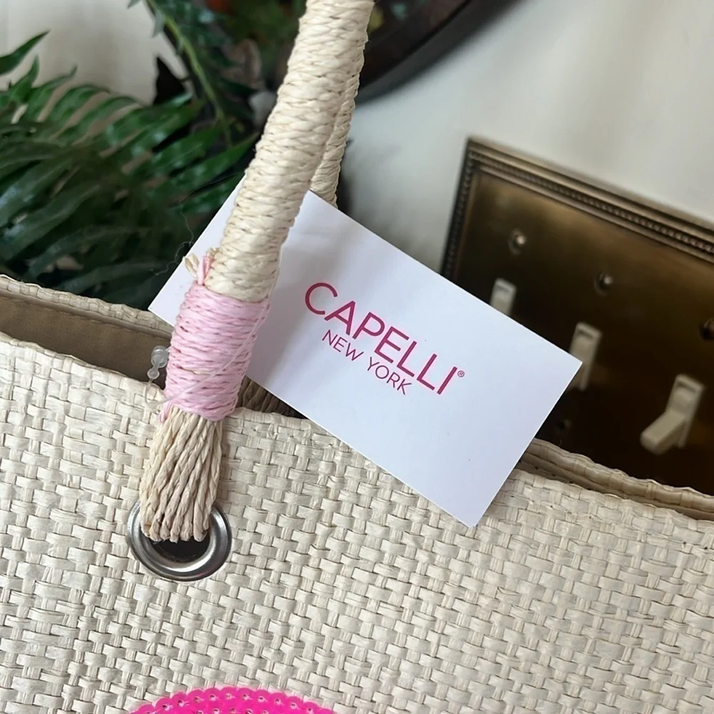 Brand New Capelli Straw Shoulder Bag Sequined Pink Heart Tote Snap Close Natural